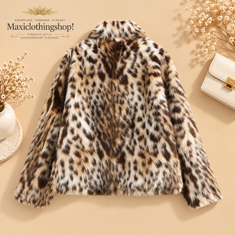 Women's leopard print polyester faux fur jacket with plush texture, wide collar, and long sleeves