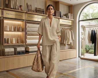 Pants Set, V Neck Lounge Wear, Minimalist Co Ord  Short Sleeve Top & Wide Leg Trousers