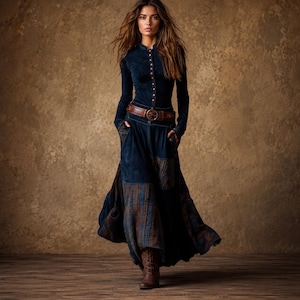 Könnte beinhalten: Ein langes, marineblaues Kleid mit hohem Kragen und langen Ärmeln. Das Kleid hat einen braunen Ledergürtel und einen Rock mit Karopatchwork. Das Model trägt braune Stiefel. Das Kleid hat eine Knopfleiste.