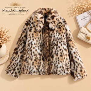 Women's leopard print polyester faux fur jacket with plush texture, wide collar, and long sleeves