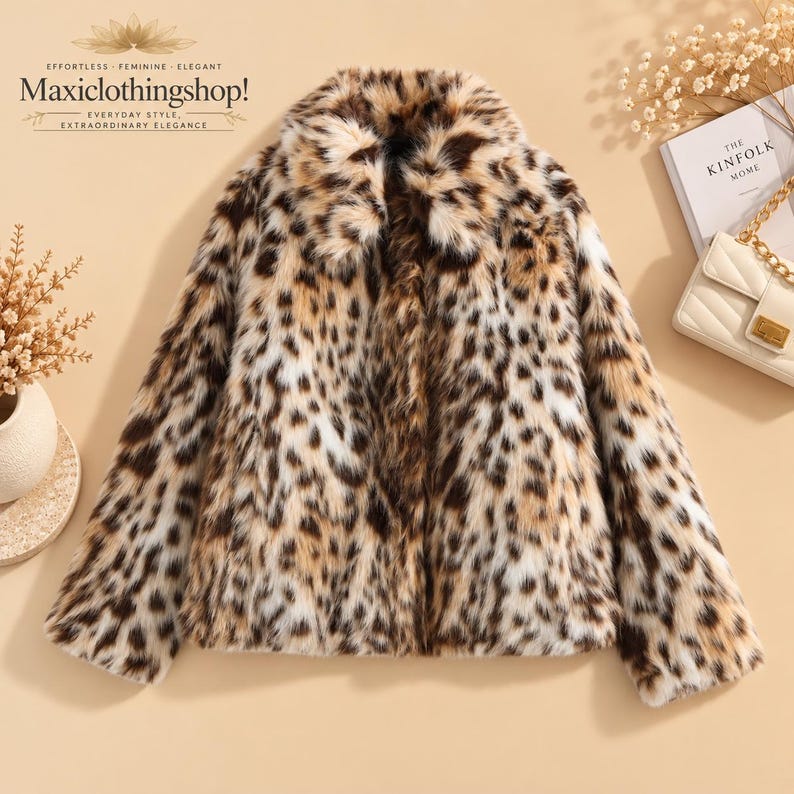 Women's leopard print polyester faux fur jacket with plush texture, wide collar, and long sleeves