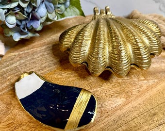 Painted Oyster Shell Trinket Dish | Navy, Cream & Gold Ring Dish