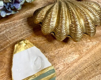 Painted Oyster Shell Trinket Dish | Sage Green, Cream & Gold Ring Dish