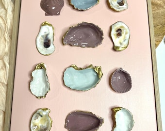 Handmade Oyster Shell Wall Art | Blush Canvas, Blue & Mauve Shells (12”x15”)