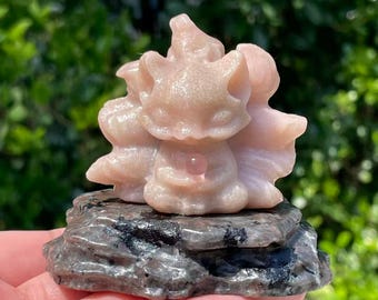3" Hand-Carved Natural Pink Opal Crystal Nine-tailed Fox, Home Decor,Holiday gifts,Reiki healing