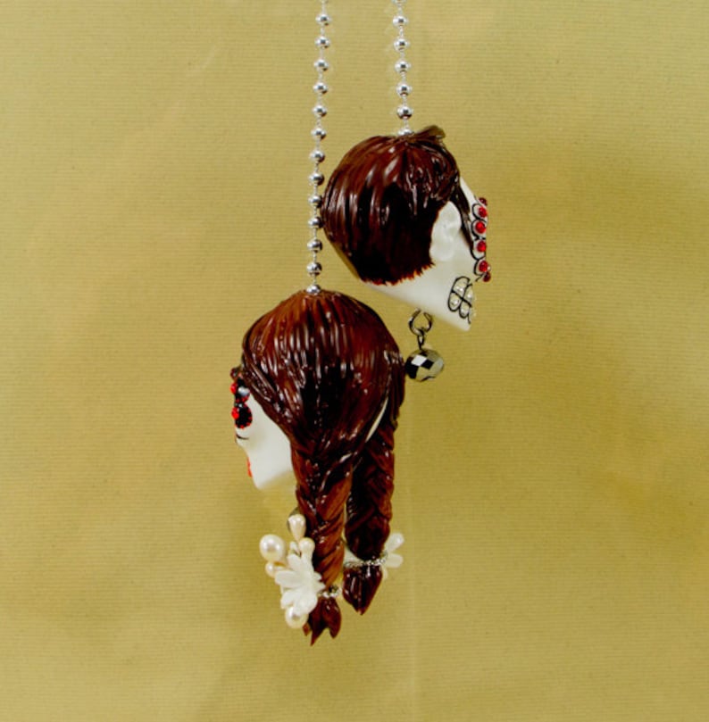 Both Skulls day of dead charm hang rear view mirror for car