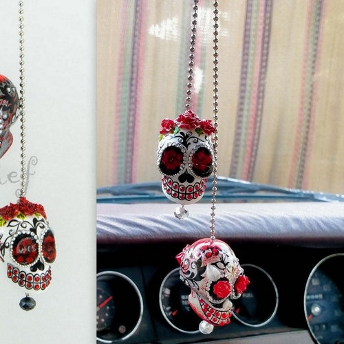 Ornament Skull Day of Dead & Charm Hang Rear View Mirror for Etsy