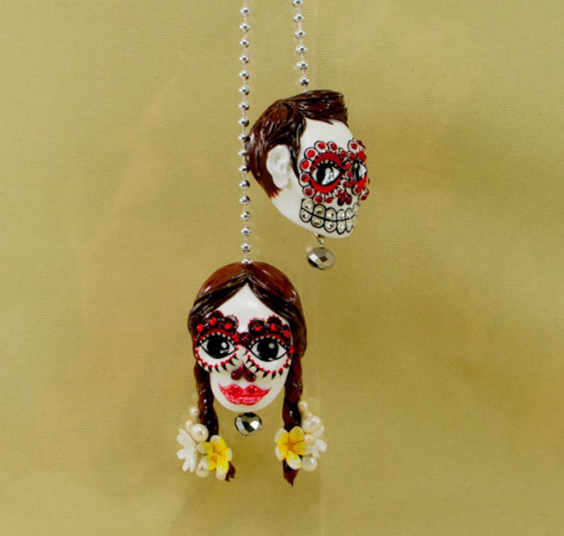 Both Skulls day of dead charm hang rear view mirror for car