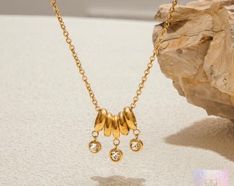 Gold Stacked Ring Necklace, 18k Multi Ring Pendant Necklace, Bezel Rhinestone Charm Necklace, Waterproof Jewelry, Layering Chain, BFF Gift