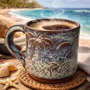 May include: A steaming mug of coffee sits on a wooden table with a beach backdrop. The ceramic mug has a brown and blue glaze with palm tree and wave designs. A woven coaster and seashells are also on the table.