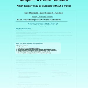 Pode incluir: Uma página de planejador digital intitulada "Fase 4 Suporte Sem Renúncias" do "Roteiro para Pais com Necessidades Especiais". O documento azul-petróleo e branco fornece informações sobre suporte financeiro e baseado em renda, incluindo SSI e Medicaid.