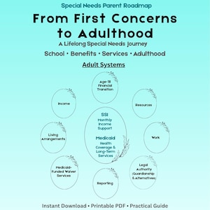 May include: A light blue informational chart titled Special Needs Parent Roadmap: From First Concerns to Adulthood. It lists School, Benefits, Services, and Adulthood, with a central diagram for Adult Systems including SSI, Medicaid, and legal topics.
