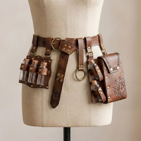 Renaissance Potion Bottle Belt Bag with Skirt Hikes - Medieval Festival Costume Accessories, Wizard LARP