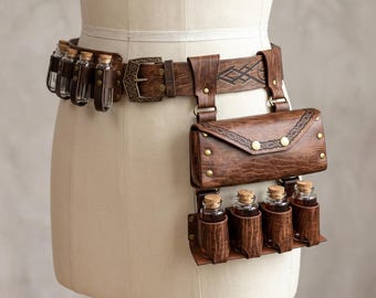 Medieval Belt Pouch with Potion Bottle Holder, Renaissance Fanny Pack for Festival & Hiking Costume
