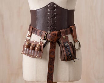 Renaissance Costume Set with Corset Waist Belt, Coin Purse, and Potion Vials, Medieval  Accessory