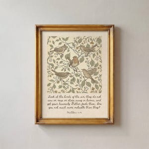 Look At The Birds Matthew 6:26 Home Decor, Cottagecore Botanical Wall Art, Vintage Christian Farmhouse Scripture Physical Print