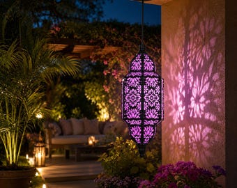 Solar Purple Moroccan Hanging Lantern, Outdoor Metal Garden Light, Decorative Patio Porch Light