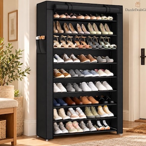 May include: A tall, black fabric shoe rack with eight horizontal shelves filled with various styles of footwear, including heels, sneakers, and boots. The unit features a roll-up front cover and a side pocket for storage, standing upright.