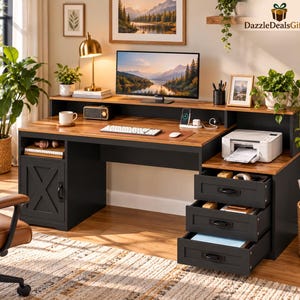 May include: A large wooden desk with a dark charcoal frame and a warm brown desktop. It features a hutch with a monitor, a printer, three open-front drawers on the right, and a cabinet with an X-pattern door on the left side for storage.