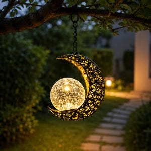 May include: A hanging solar lantern shaped like a crescent moon with an intricate, laser-cut metal frame in black. A glowing, crackled glass orb sits within the curve of the moon, emitting a warm yellow light. The lantern hangs from a metal chain.