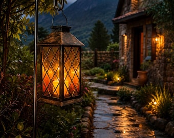 Solar Outdoor Lantern with 3 LED Candle Lights | Luxury Waterproof Hanging Garden Lamp for Patio, Balcony & Backyard