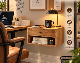 Floating Nightstand with Drawer, Farmhouse Wall Mounted Bedside Table, Rubber Wood Storage