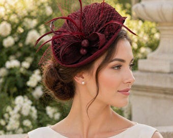 Burgundy Pillbox Fascinator Birdcage Veil Vintage Wedding Hat Tea Party Mother of the Bride