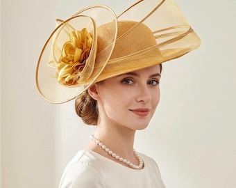 Hut mit breiter Krempe Seide Rose Sinamay Royal Ascot Hochzeit Tea Party Mutter der Braut Champagner