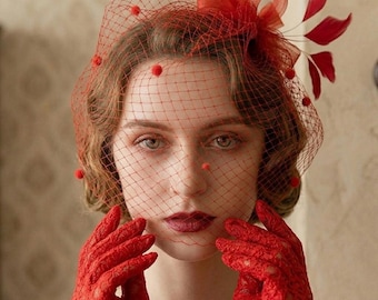 Red Fascinator and Lace Gloves Set Vintage Birdcage Veil Wedding Tea Party Bridal Shower Gift