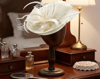 Elfenbein Pillbox Fascinator Perlen Vogelkäfig Schleier Braut Hochzeit Hut Tea Party Mutter der Braut