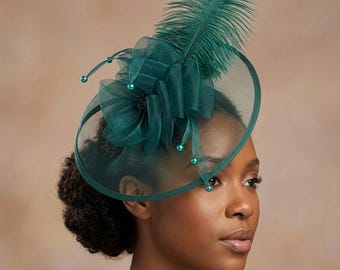 Jade Teal Jewel Tone Fascinator Disc, Cocktail Party Hat, Wedding Guest Outfit Headpiece, Bespoke Millinery