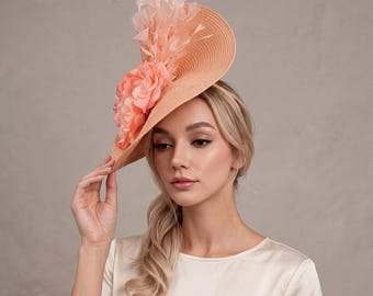 Wide Brim Hat Silk Rose Feathers Royal Ascot Wedding Tea Party Mother of the Bride Coral