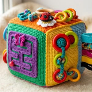 Montessori Activity Crochet Pattern PDF,Busy Cube Sensory Toy Tutorial, Educational Baby Development Toy