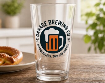 Garage Brewing Co Pint Glass, Homebrewer Gift, Vintage Brewery Logo Glassware, 16oz Shaker Pint, Garage Brewery Beer Glass Gift