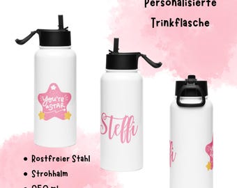 Botella de agua personalizada de acero inoxidable con nombre | Botella de agua de 950 ml con pajita | Termo personalizado, ideal como regalo para deportes, gimnasio o escuela.
