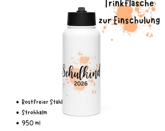 Stainless Steel Water Bottle for First Day of School | 950 ml Water Bottle with Straw | Personalized Thermos Gift for Sports, Gym, and School