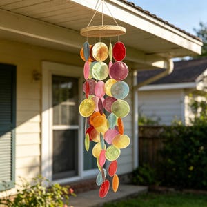 Rainbow Capiz Shell Wind Chime, Handmade Colorful Hanging Mobile for Patio, Porch & Garden Decor Four colors.