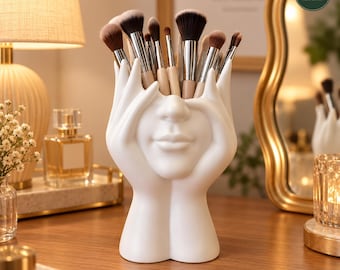 Sculptural Face Makeup Brush Holder, Desk Organizer, Modern Vanity Storage, Human Form Home Decor
