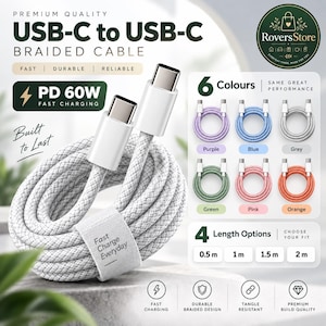 Könnte beinhalten: Ein graues, geflochtenes USB-C-auf-USB-C-Kabel mit weißen Anschlüssen und einem Kabelbinder mit der Aufschrift Fast Charge Everyday. Die Grafik zeigt PD 60W Schnellladung, sechs Farboptionen, lila, blau, grau, grün, rosa, orange, und vier Längen.