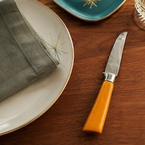 May include: A stainless steel knife with a solid, smooth, bright orange handle. The knife is positioned next to a white plate featuring a gold rim and a starburst pattern, topped with a folded grey linen napkin, and a small teal dish.