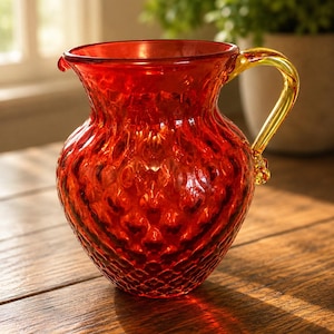 Vintage Ruby Red Art Glass Pitcher with Amber Applied Handle, Optic Thumbprint. Kanawha Style