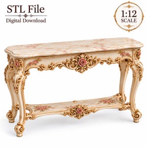 May include: A 1:12 scale miniature console table featuring a cream-colored marble-effect top and lower shelf with pink floral accents. The frame is ornate with gold-toned scrollwork and carved pink rose details. Text reads STL File Digital Download.