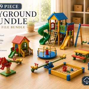 May include: A 9-piece playground bundle of 3D printable STL files for 1:12 scale dollhouse miniatures. The set includes a multi-level play structure with a slide, a swing set, a merry-go-round, a seesaw, a sandbox, a picnic table, and a bench.