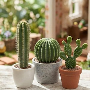 Puede incluir: Tres cactus en miniatura en macetas sobre una superficie de madera. Un cactus columnar alto en una maceta blanca, un cactus redondo en una maceta gris moteada y un pequeño cactus de pala en una maceta de terracota expuestos en un jardín.