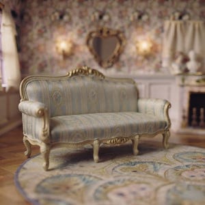 May include: A miniature dollhouse sofa featuring a light blue and cream striped fabric with intricate gold floral patterns. The piece has a carved, light-colored wooden frame with curved armrests and four cabriole legs, showcasing detailed craftsmanship.