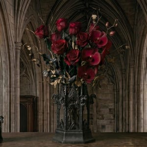 May include: A central vase filled with deep red roses and dark foliage, flanked by two tall, black metal candle holders. Each holder features intricate gothic-style architectural detailing and supports a single lit black taper candle.