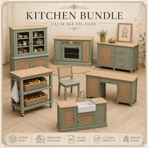 Kitchen Bundle STL File 1 12 Scale Mini Sage Green Kitchen Set Cabinet Island Sink Stove Table Chair Diorama Roombox Digital 3D Print File