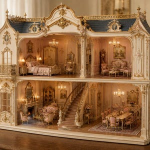 Puede incluir: Una casa de muñecas de dos pisos con un exterior ornamentado en crema y dorado y un techo azul oscuro. Las habitaciones interiores están amuebladas con camas, sillas, mesas, una chimenea y una gran escalera, iluminadas por candelabros.