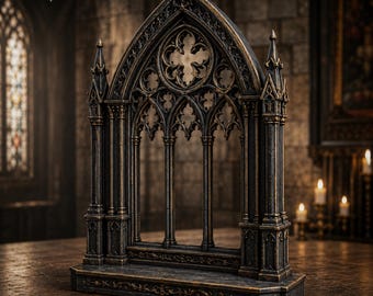 May include: A dark gray and gold-toned miniature gothic window frame with intricate pointed arches, vertical columns, and a circular tracery design at the top. The object is labeled as an STL file digital download for 3D printing projects.