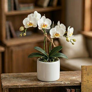 May include: A miniature white orchid plant with green leaves in a small white cylindrical pot, positioned next to a wooden ruler showing a height of approximately 3 inches for the plant, featuring delicate white petals with yellow centers.